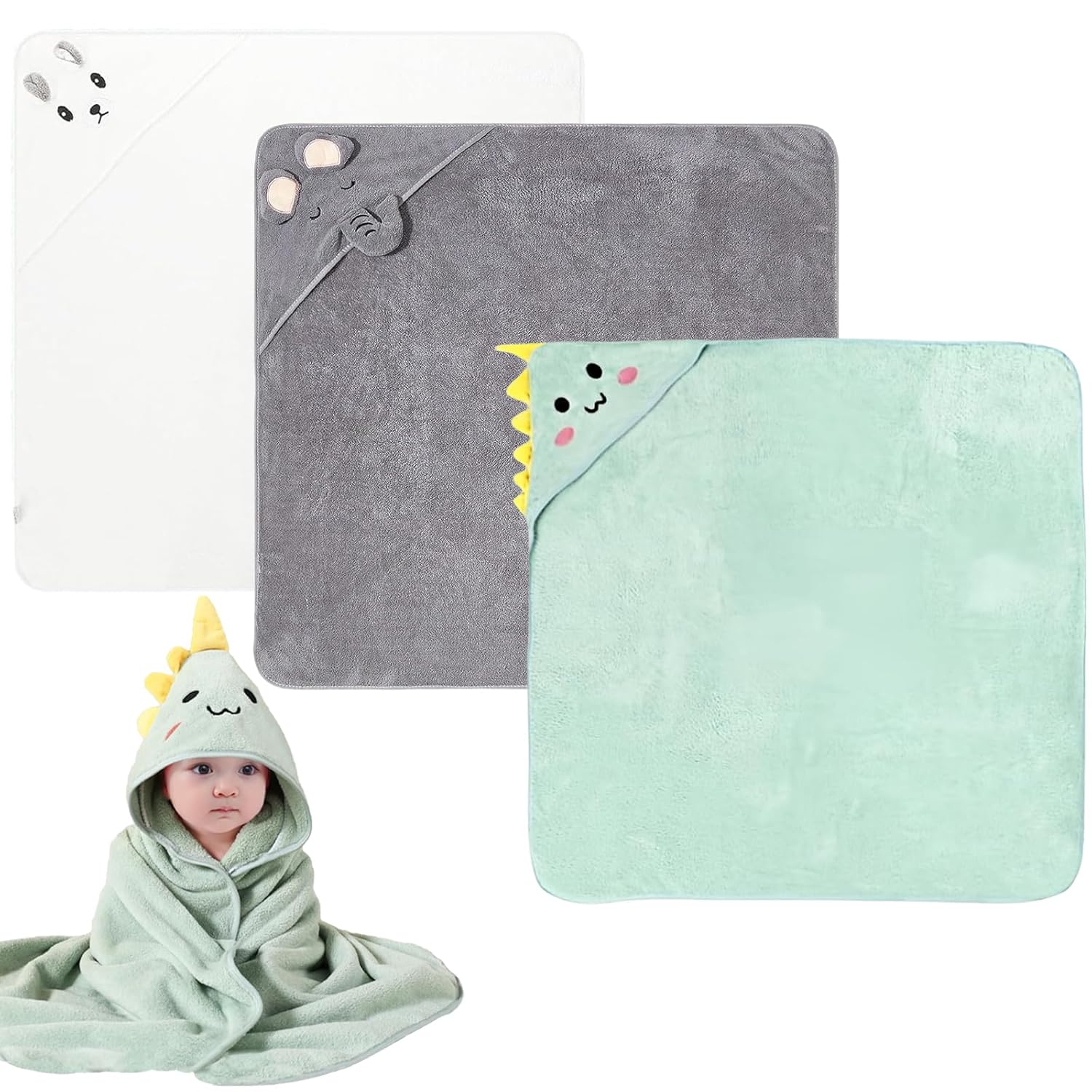 SGFNXB Baby Towel, Baby Essentials for Newborn, 3 PCS 80x80cm Super Soft Hooded Baby Towels, Unique and Cute Three Animal Patterns Baby Towels Newborn, Baby Bath Towel for...