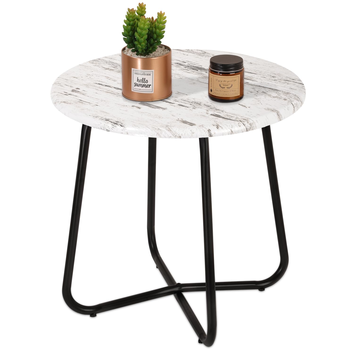 Small Round Patio Metal Side Snack Table, Accent Anti-Rust Steel Coffee Table for Garden, Modern Weatherproof Outdoor End Tables, Rustic White
