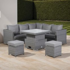 Square Compact Corner Sofa Set with Rising Table In Grey Weave (Grey)