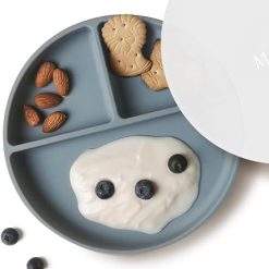 Suction Plates for Babies & Toddlers | BPA-Free Weaning Plate with Lid | Silicone Divided Plate | Microwave and Dishwasher Safe - 1 Pack (Ether)
