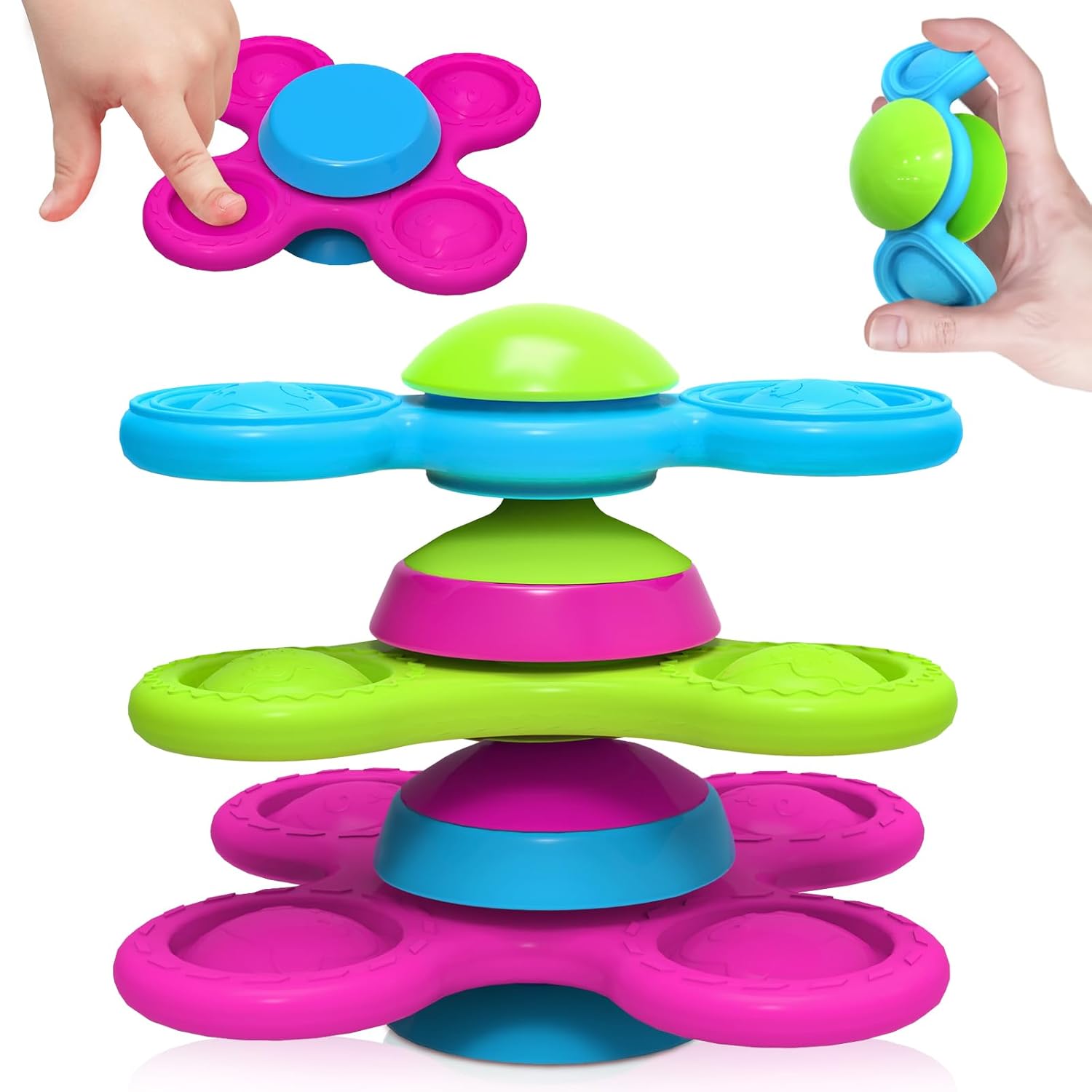 Suction Toys 3PCS Spinners for Babies Cute Animals fidget spinners for kids baby bath toy with Silicone Travel Toys Sensory 10+ Months Gifts for Kids Suction Cup Toy (Stackable...