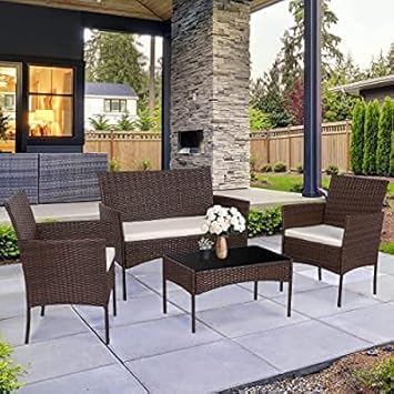 SuperGift.com 4 Seater Rattan Garden Furniture Set Patio Indoor and Outdoor Furniture Set, Table Chairs Sofa (Brown)