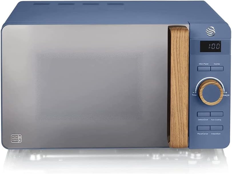 Swan SM22036LBLUN Nordic LED Digital Microwave with Glass Turntable, 6 Power Levels & Defrost Setting, 20L, 800W, Blue