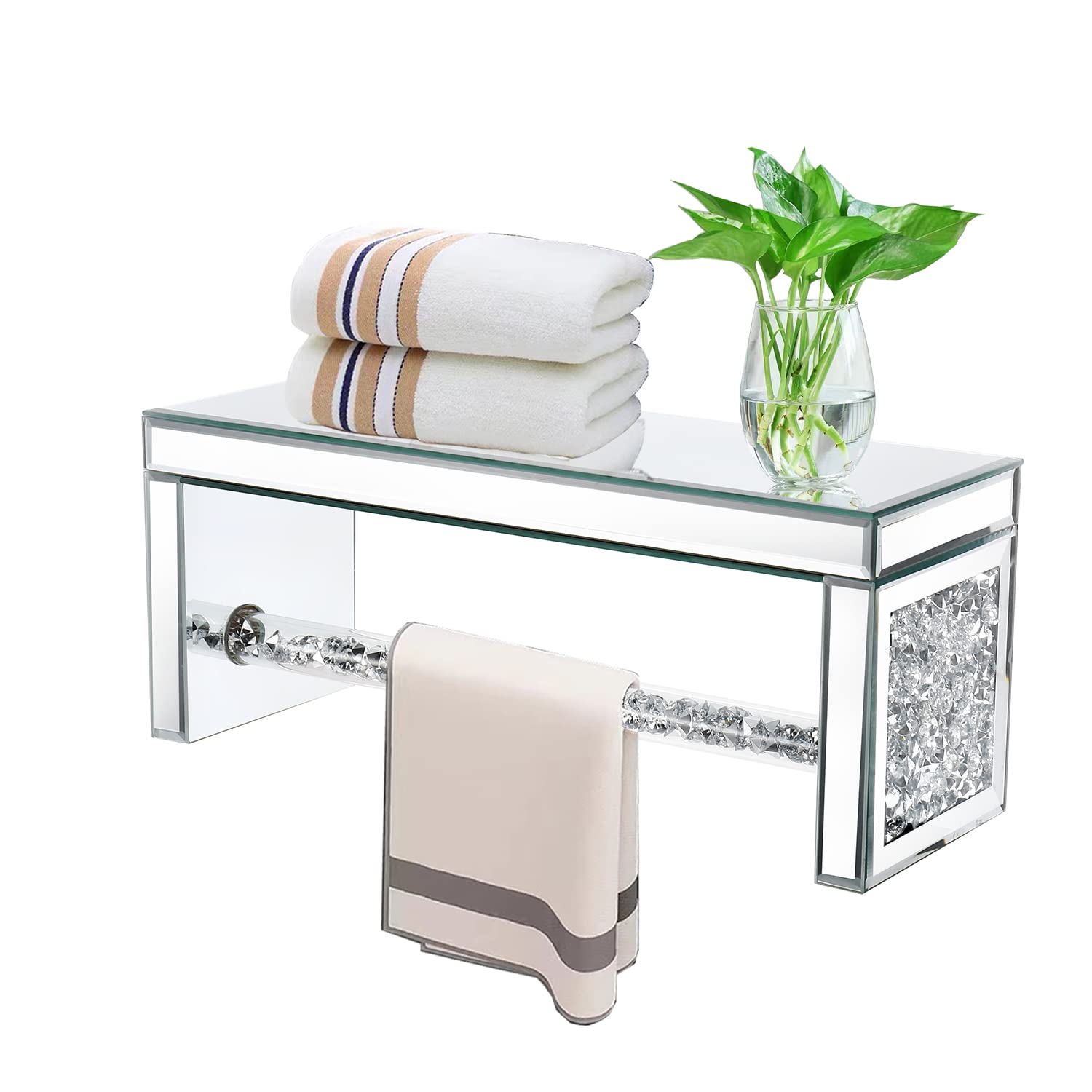 TACIDON Glass Mirrored Wall Shelf. Wall Mounted for Over Toilet. Glamorous Crystal Diamond Glass Towel Bar. Decorative Storage Glass Shelf for Bathroom, Kitchen or Bedroom.(Silver)