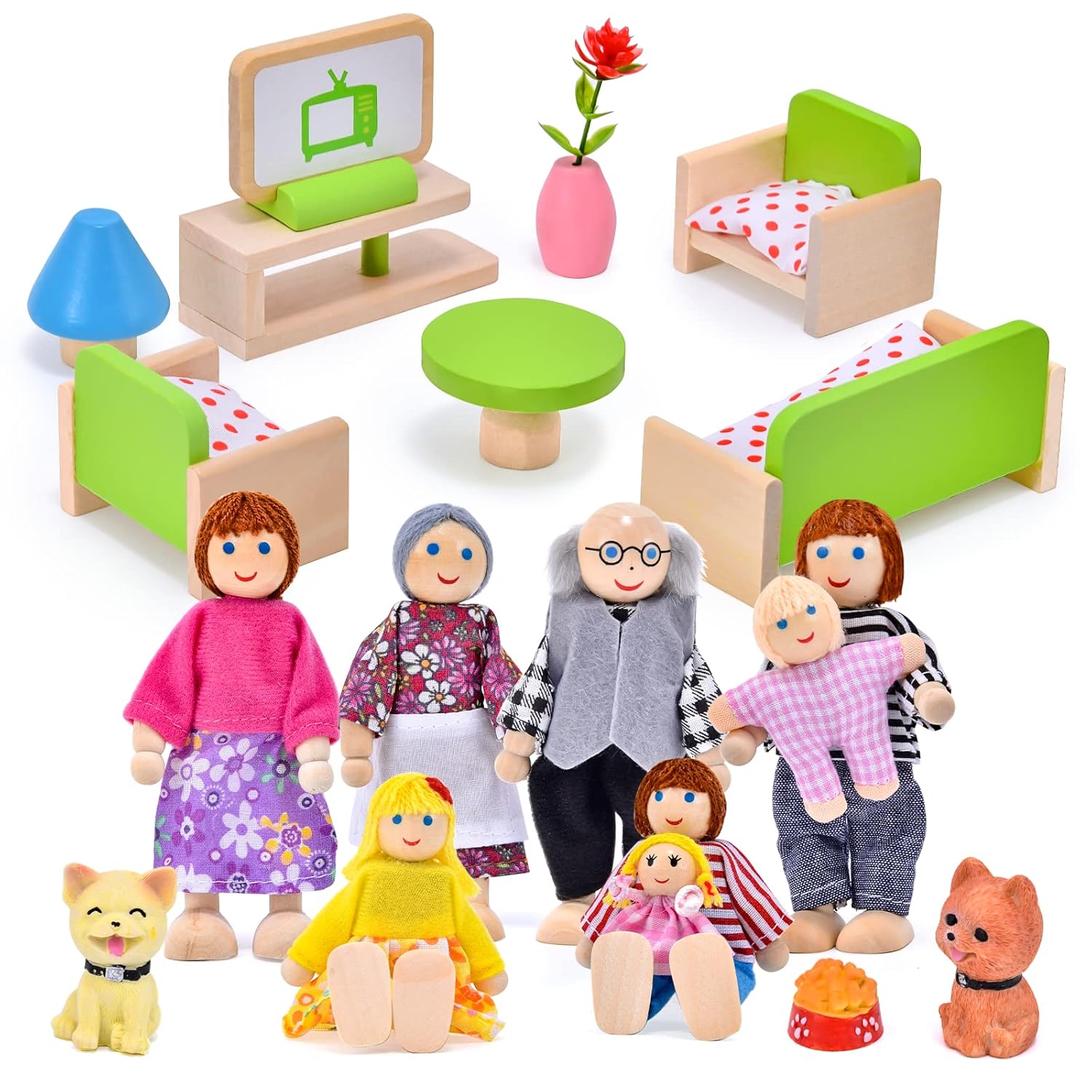 Tacobear Wooden Doll House Furniture Family Dolls Figures Playset Dollhouse Living Room Accessories, Set of 8 People and 2 Pets Pretend Play Toy Gifts for Kids 3+ Years Old