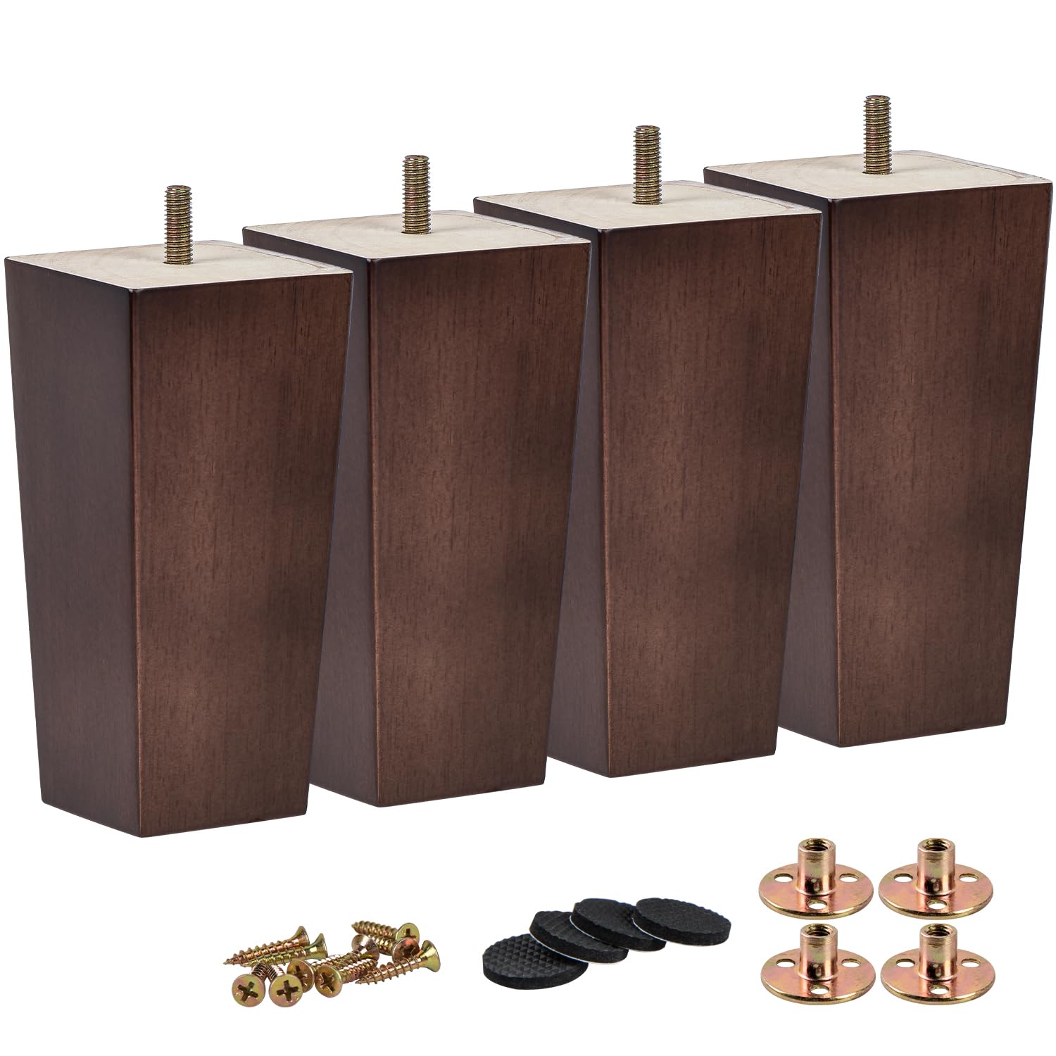 TCHOSUZ 8 inch / 20cm Wooden Furniture Legs, Pack of 4 Mid Century Modern Solid Wood Walnut Pyramid Square DIY Replacement Feet with M8 Hanger Bolts & T-Nuts for Sofa Couch...