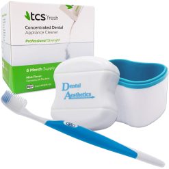 TCS, Bath & Silicone Brush ~ 24 Weekly Sachets Concentrated Cleaner for Flexible Dentures, Retainers and Dental Appliances (Blue Brush)