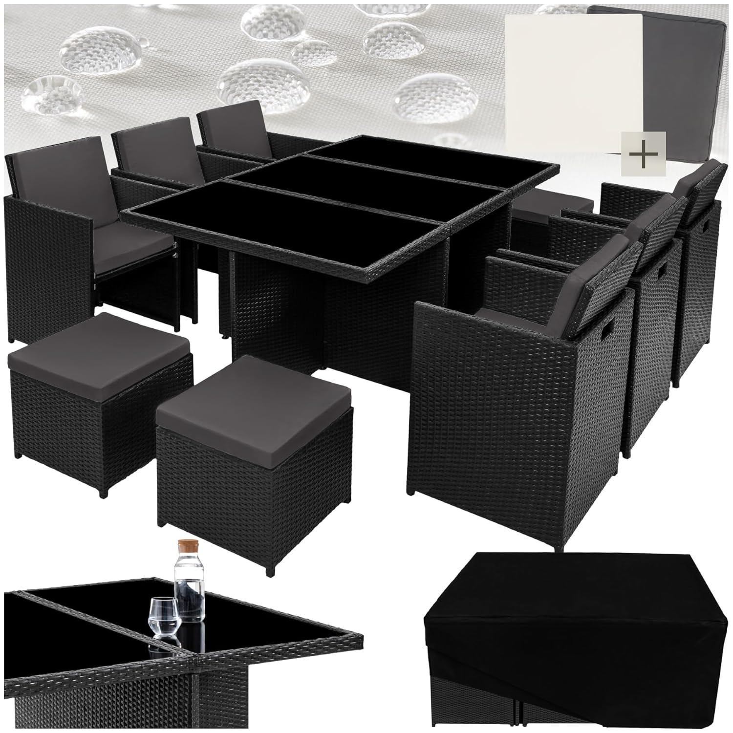 TecTake Polyrattan Garden Furniture Set with Aluminium Base, Including 6 Dining Chairs, 1 Table, 4 Stools, Foldable Garden Lounge Set, For Up To 10 People, Patio Furniture - black