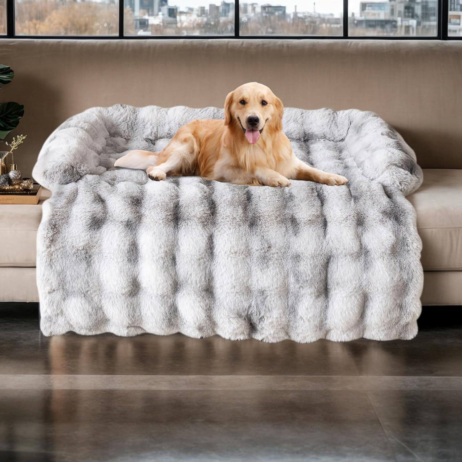 Topchances Dog Sofa Bed, Faux Rabbit Fur Plush Furniture Protector Cover, Pet Sofa Mat for Dogs and Cats, Gradient Grey, 90 * 90 * 13cm