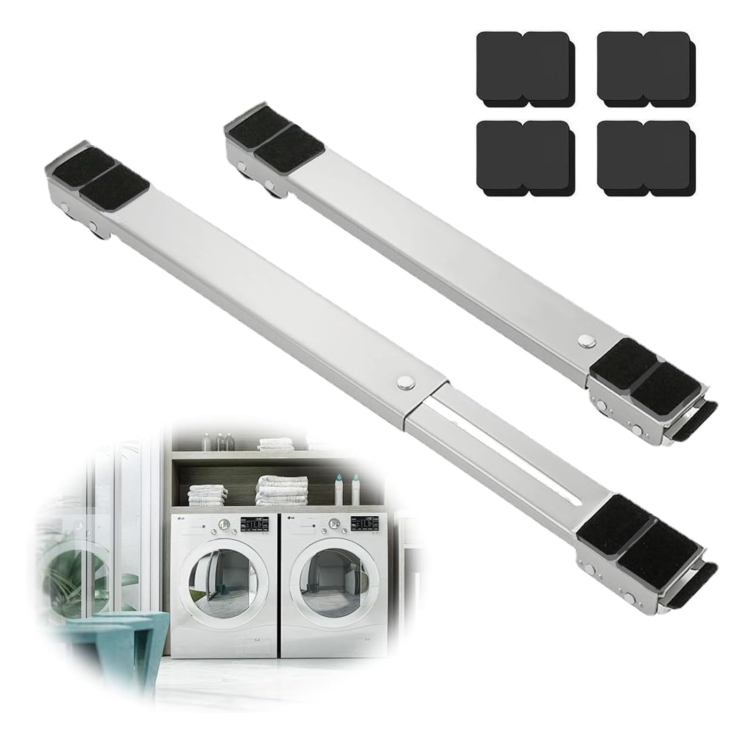 TUAKIMCE Heavy Duty Appliance Rollers, Adjustable Furniture Moving Roller Wheels with Brake, Washing Machine Wheels Load Bearing 660lbs for Refrigerators Sofa and Dryer(White)