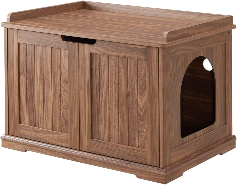 unipaws Cat Litter Box Enclosure Furniture, Wooden Litter Tray Cover, Sturdy Washroom Storage Bench, Indoor Cat House