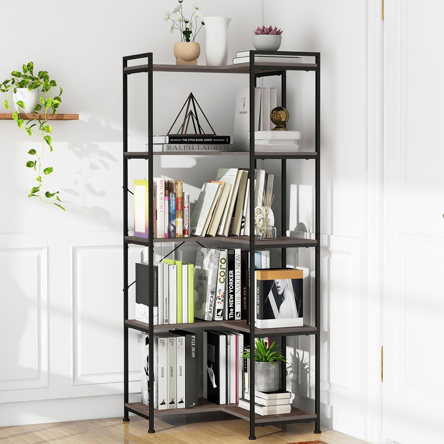 VEDECASA 5-Shelf Corner Bookshelf Large Modern Corner Bookcase Black Freestanding Deformable L Shaped Shelf with Metal Frame for Living Room Home Office Study Room Bedroom...