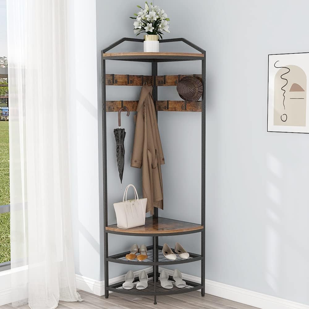VEDECASA Corner Hall Tree with Shoe Bench 4-Tier Industrial Freestanding Entryway Coat Rack with 10 Metal Movable Hooks and Wooden Storage Shelves for Home Hallway Closet...