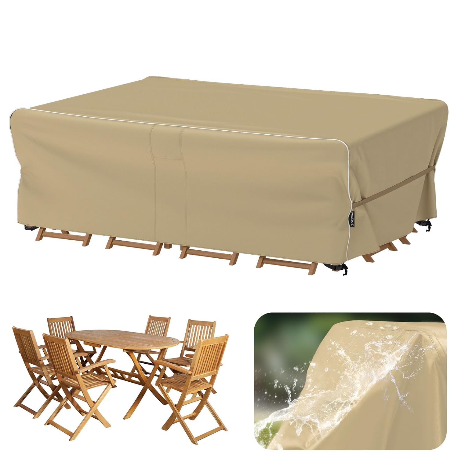 Velway Garden Furniture Covers Waterproof - 200x160x74cm Outdoor Table Cover Tear-Resistant with Reflective Strip Air Vent 600D Anti-UV Windproof for Outside Patio Table and...
