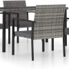 vidaXL 5-Piece Poly Rattan Dining Set in Grey - Outdoor Patio Furniture with Glass Tabletop, Cushioned Chairs & Robust Steel Frame