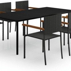 vidaXL 7-Piece Garden Dining Set - Black PE Rattan with Glass Tabletop for Patio, Deck, Garden - Outdoor Rattan Table and Chairs Furniture
