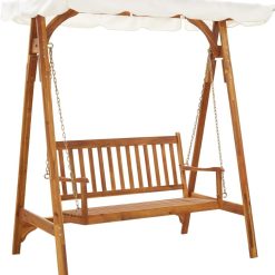 vidaXL Solid Acacia Wood Garden Swing Bench With Canopy Home Lawn Outdoor Patio Wooden Porch Swing Chair Seating Seat Furniture With Roof