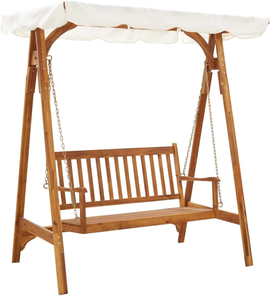 vidaXL Solid Acacia Wood Garden Swing Bench With Canopy Home Lawn Outdoor Patio Wooden Porch Swing Chair Seating Seat Furniture With Roof
