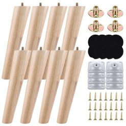 VIDETOL 20cm Wooden Furniture Legs Set of 8, Nature Solid Wooden Sofa Legs, Sofa Replacement Feet with Mounting Plate & Screws for Cabinet, Bed, Chair, Sofa, Dresser Table and...
