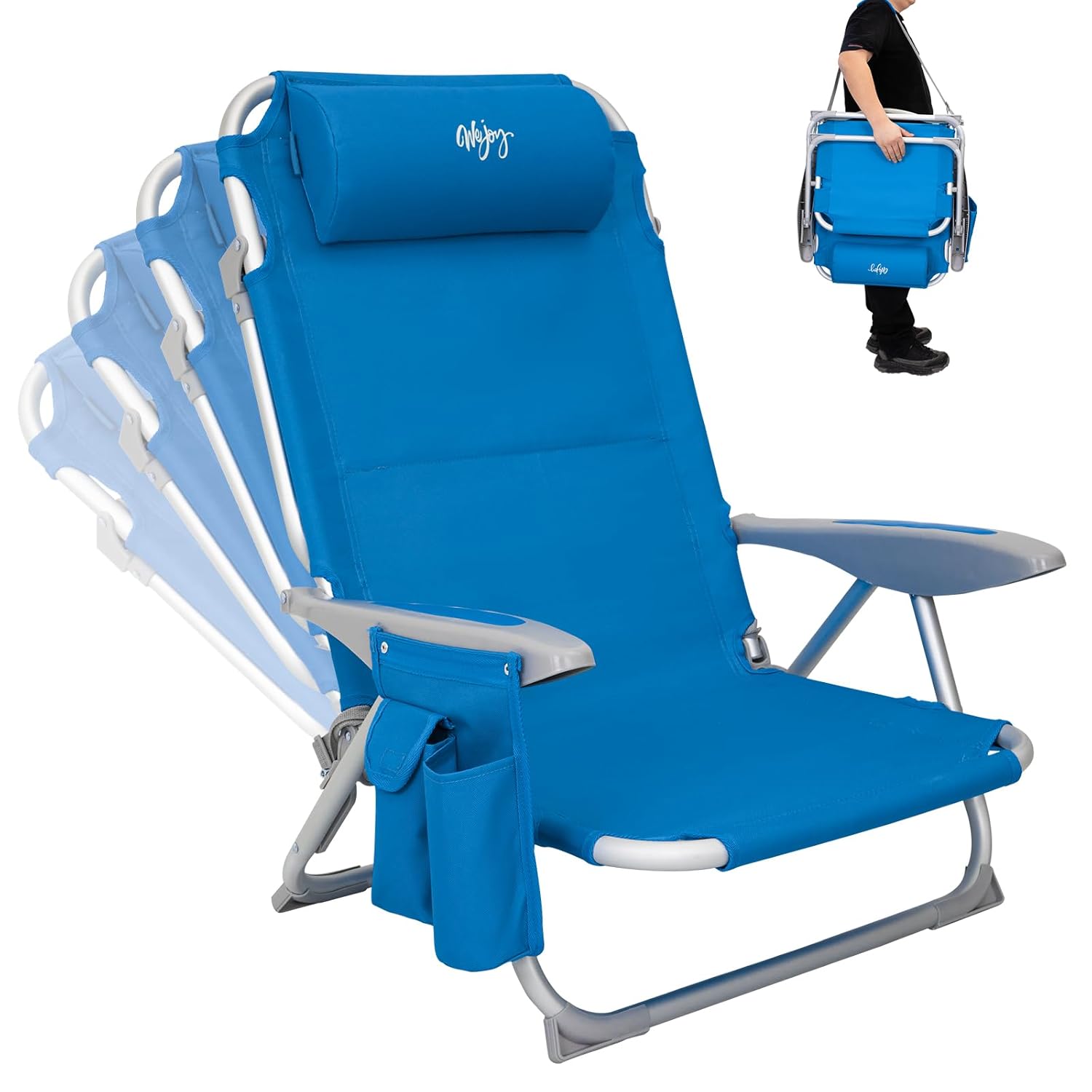 #WEJOY 4-Position Adjustable Beach Chair for Adults Set of 1/2, Folding Low Beach Chair Aluminum Lightweight & Portable, High Back Pillow Pocket Outdoor Garden Reclining Camping...