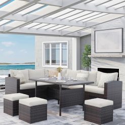 Wisteria Lane Rattan Garden Furniture Set, New 9-Seater Outdoor Corner Sofa Sets, Patio Conservatory Wicker Weave Furniture, Couch Dining Table Chair with Ottoman, Brown with...
