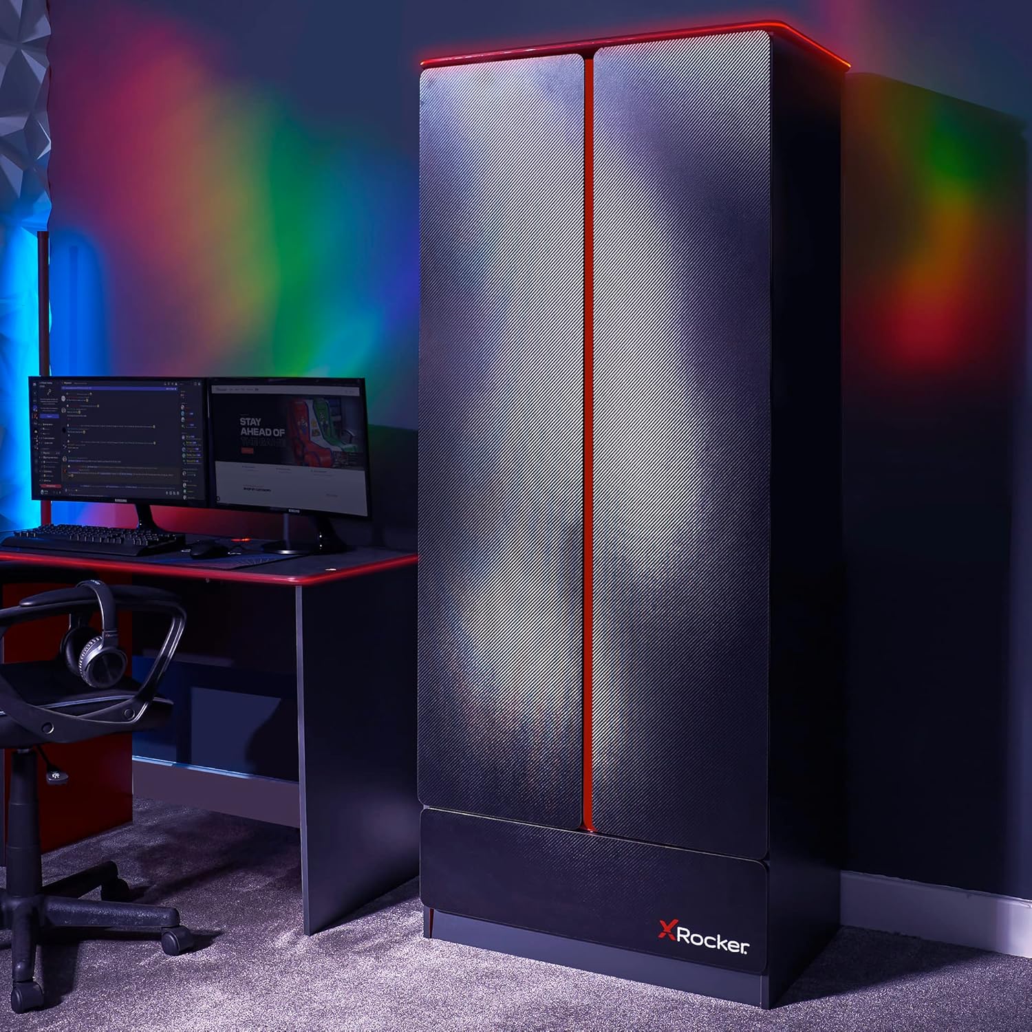 X-Rocker Carbon-Tek Black 2 Door 1 Drawer Wardrobe with Ambient Customisable RGB Lighting Hanging Bar, Wooden Clothes Storage Cupboards Unit for Kids Bedroom Furniture - GREY/RED