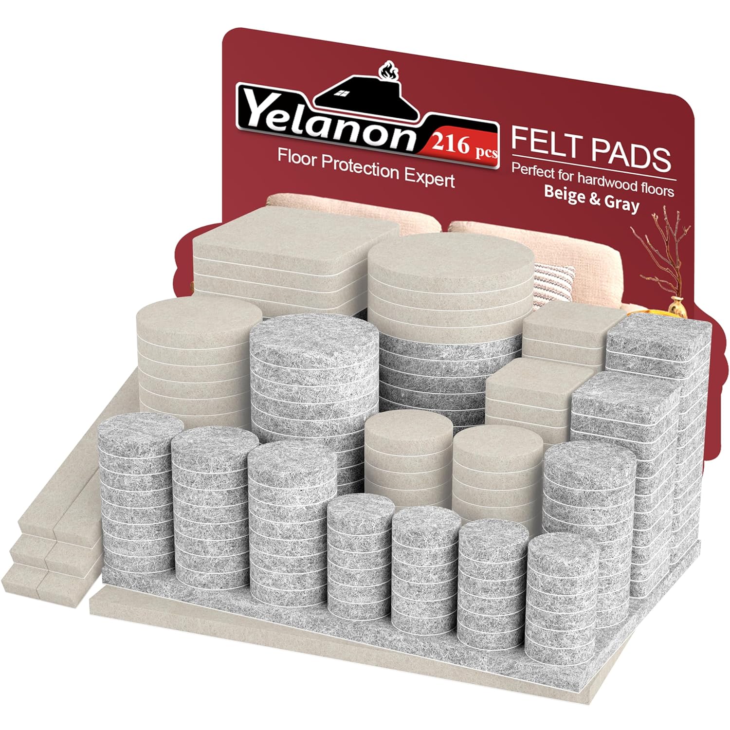 Yelanon Felt Furniture Pads -216 Pcs Furniture Pads Hardwoods Floors Self Adhesiv, Cuttable Felt Chair Pads Anti Scratch Floor Protectors for Furniture Feet Chair Legs Furniture...
