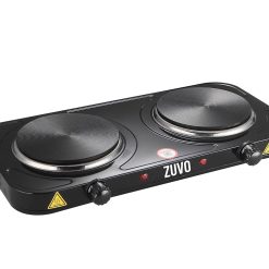 Zuvo 2000W Stainless Steel Double Hot Plate Ring Stove Hob - Portable & with Adjustable Thermostat - Cast Iron Heating Plate Black 25.8