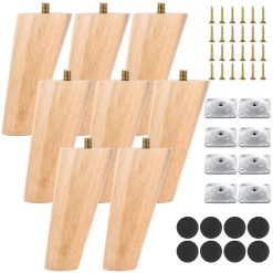 10cm Wooden Furniture Legs Set of 8, Nature Solid Wooden Sofa Legs, Sofa Replacement Feet with Mounting Plate & Screws for Cabinet, Bed, Chair, Sofa, Dresser Table and TV Stand