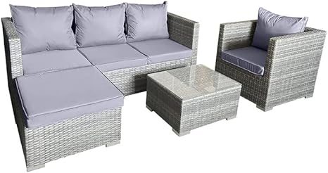 5 Seater Rattan Garden Sofa Furniture Set 4 Piece | Glass Topped Table | Galvanized Steel Frame | Suitable for Outdoor Patio Conservatory (Grey)