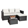 AOUXIN Rattan Garden Furniture Set, 3-Piece Outdoor Sectional Sofa, Black Wicker with White Cushions