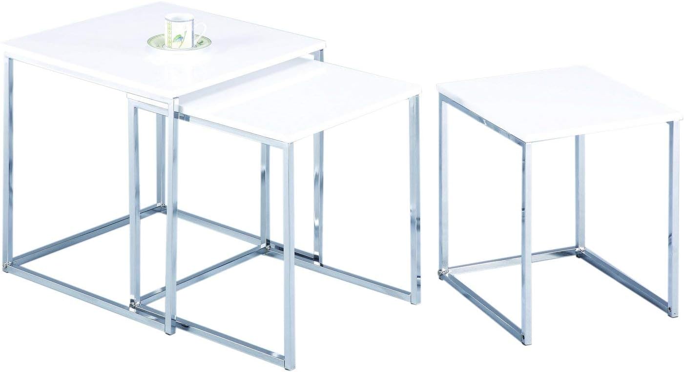 ASPECT Murano Set of 3 Nesting Table Gloss Wooden Tops Legs, Wood, White/Chrome