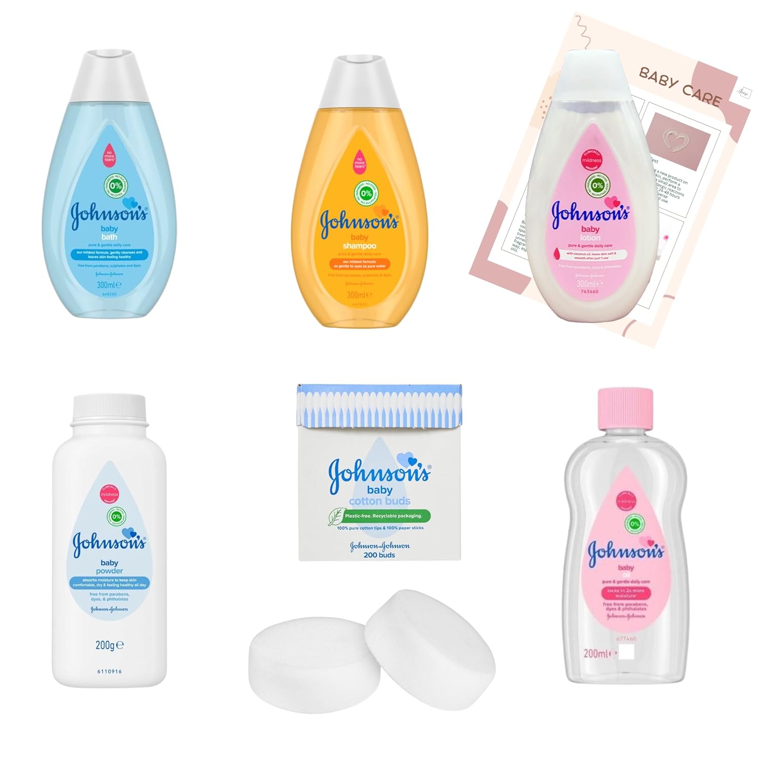 Baby Bath Bundle Set – Includes Bath Wash, Shampoo & Lotion (300ml Each), Oil (200ml), Powder (200g) & Cotton Buds – Complete Baby Care Kit