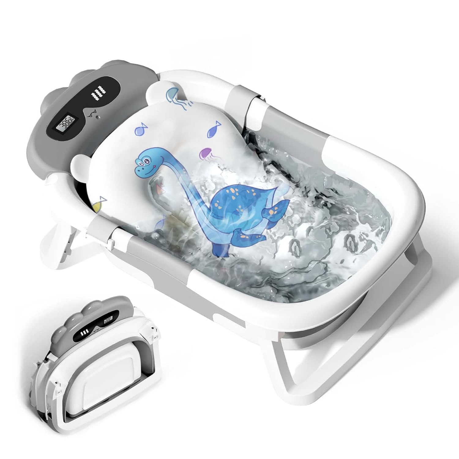 Baby Bath Tub Toddler Bath Tubs with Thermometer, Collapsible Bathtub Baby Essentials for Newborn Portable Travel Bath with Soft Cushion Seat Mat for Infant Grey Dinosaurs