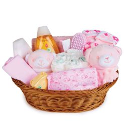 Baby Box Shop - 18 Essentials for Newborn Girl Perfect as Christenings - Baby Girl Gifts, Baby Hamper for Newborn Girl in Rattan Basket (Pink)