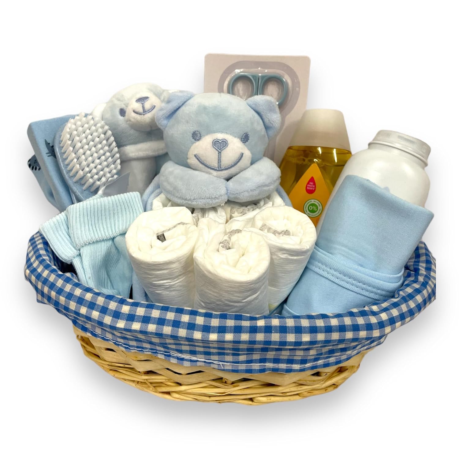 Baby Boy Hamper Gift – 17 Baby Essentials with Johnson’s Bath Products in Keepsake Rattan Basket Blue – Perfect Baby Boy Gifts Newborn Hamper & Thoughtful Gift Set for Baby...