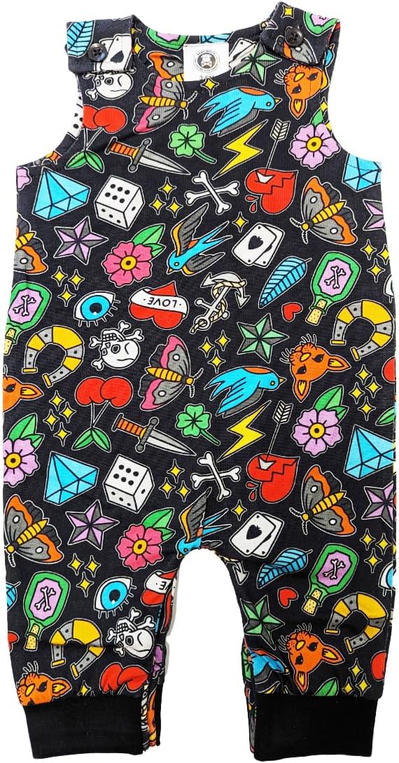 Baby Moo's Tattoo Baby Romper | Unisex Cool Traditional Flash Tattoo Sleeveless Baby Dungarees Outfits - Alternative Rock n Roll Baby Shower Gifts UK