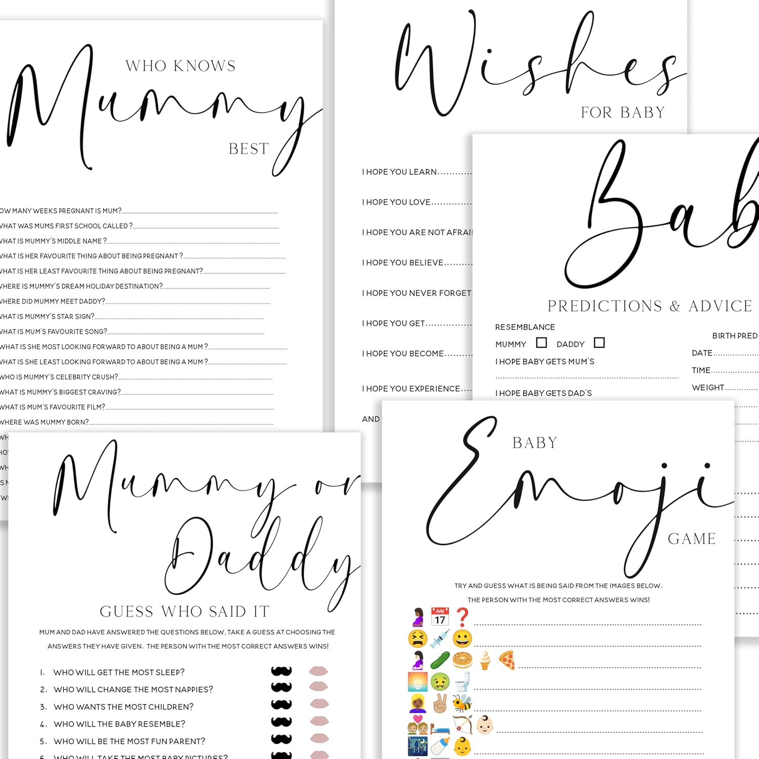 Baby Shower Games Neutral Unisex - Bundle Pack of 5 Games- 10 Player Baby Shower Games- White Minimal Elegant Design-Unisex-A5 Size (BSOB5)