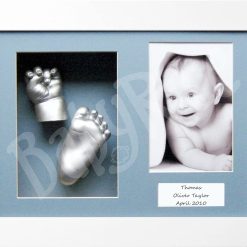 BabyRice Baby Casting Kit with White 12x9 Shadow Box Display Frame, Silver Paint for Hand, Foot Casts (Blue/Blue)