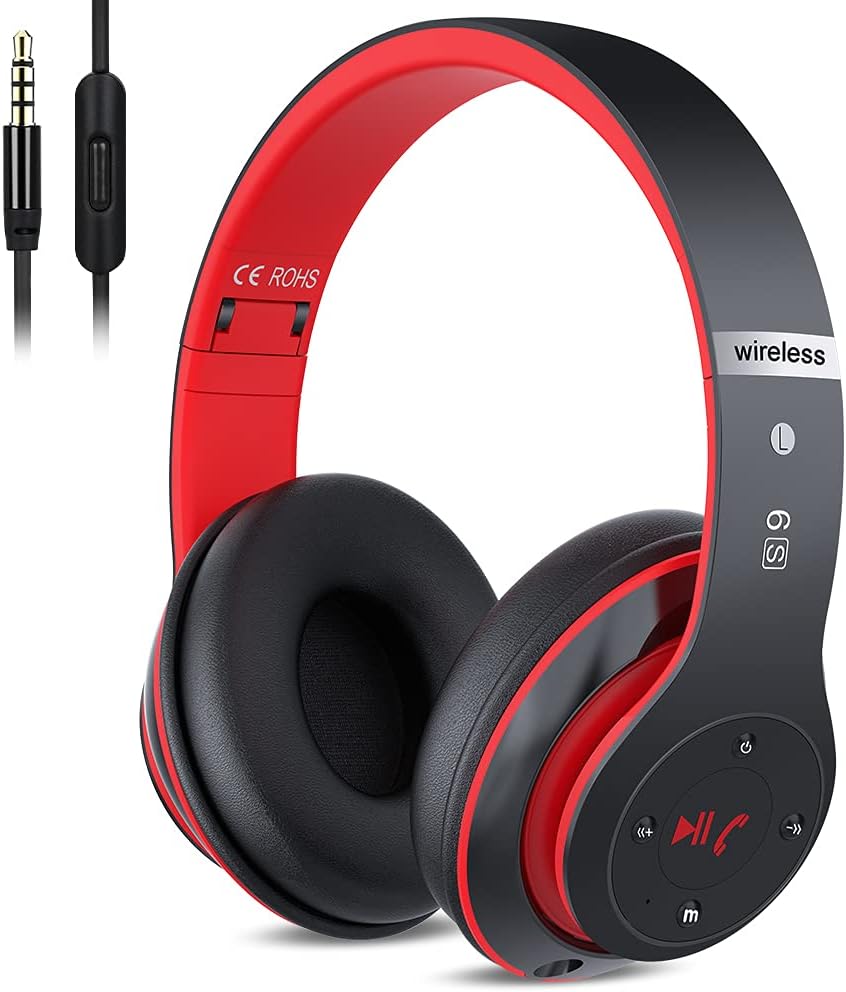 Bluetooth Headphones Over Ear, 6 EQ Modes Wireless Headphones Over Ear, 60 Hours Playtime Foldable Lightweight Wireless Headphones, with Built-in HD Mic, Black Red