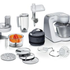 Bosch CreationLine 7 in 1 Stand Mixer MUM58259GB with 11 accessories, 7 Speeds, dough hook, whisk, beater, blender, juicer, mincer, shredder, 1000W, White/Silver