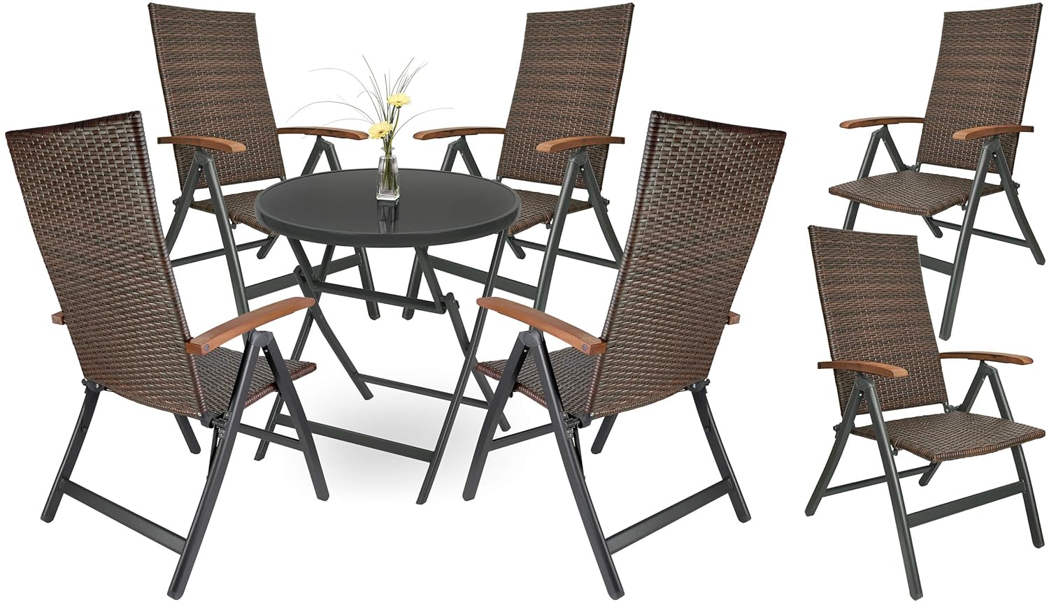 BRUBAKER Garden Furniture Set Modena - 1 Round Glass Topped Table 27.5 Inches + 6 High Back Polyrattan Dining Chairs - 7-Way Adjustable Backrest - Weatherproof - Brown/Anthracite