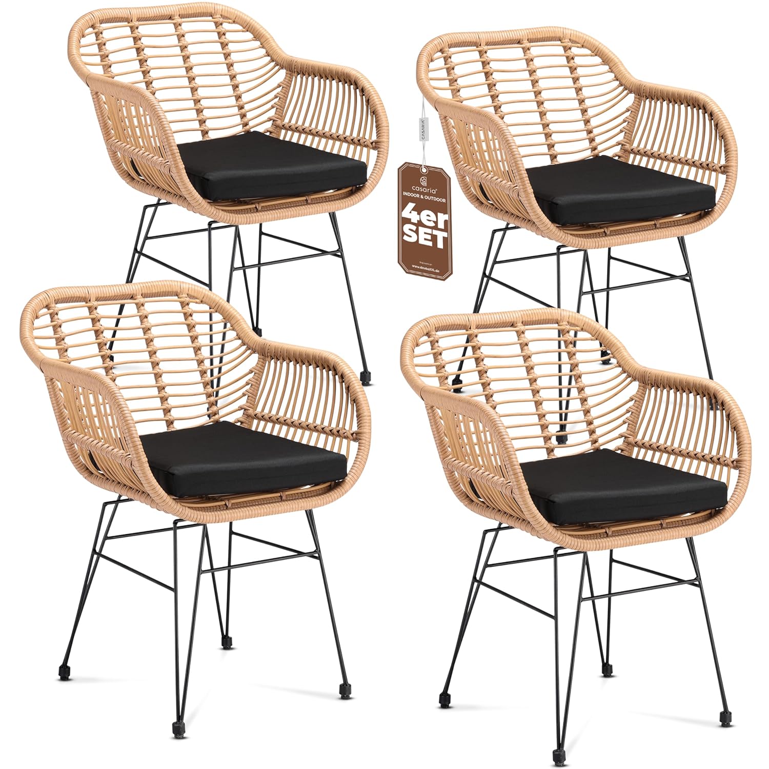 CASARIA® Set of 4 Bali Poly Rattan Wicker Chairs | 5cm Thick Padding and Armrest | Weatherproof Garden Chairs | Balcony Kitchen Dining Room Conservatory Patio Deck Furniture