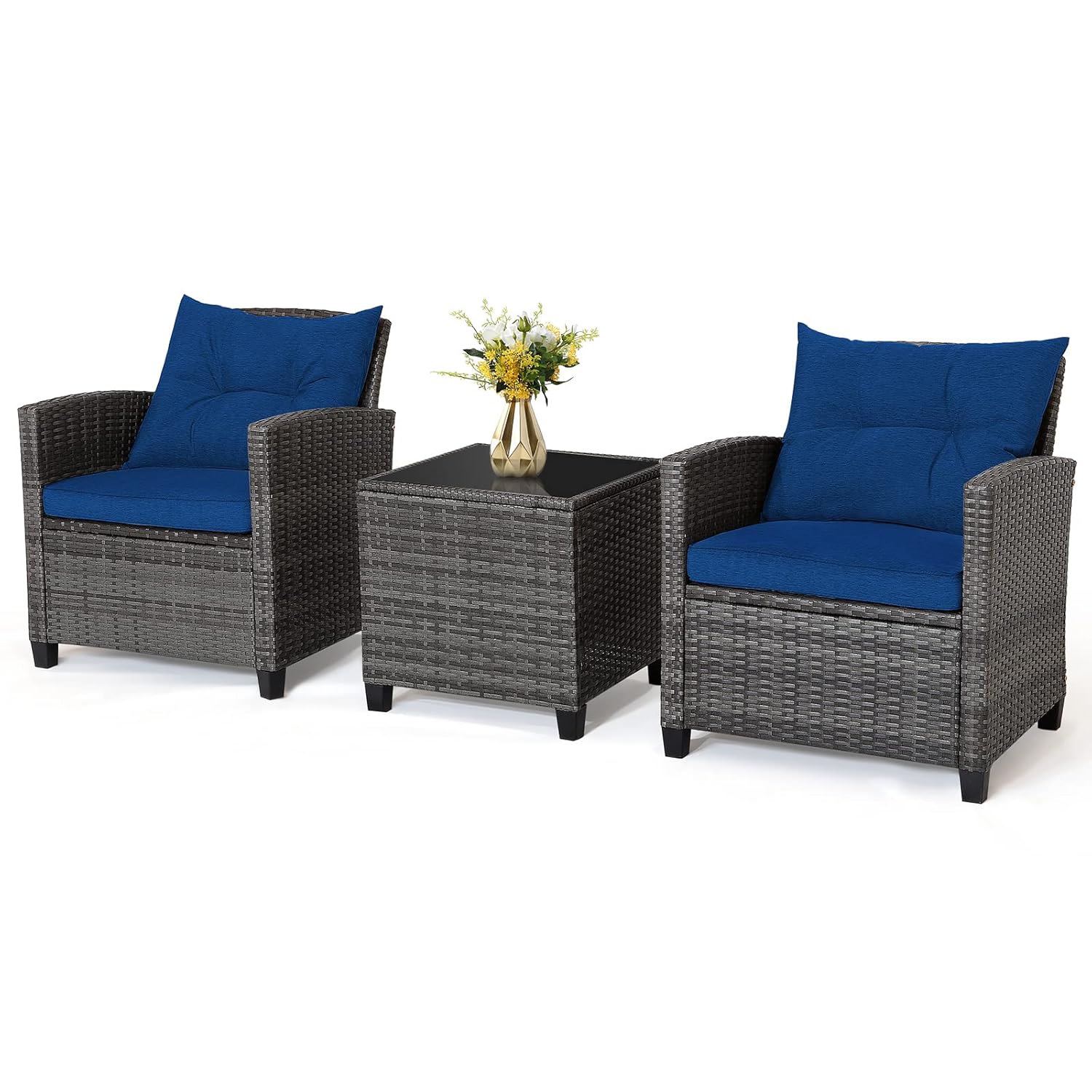 COSTWAY 3 Pieces Patio Rattan Bistro Set, Metal Frame Garden Coffee Table and Sofa Chairs Set with Cushions, Outdoor Furniture Wicker Conservatory Set for Balcony Yard Poolside...