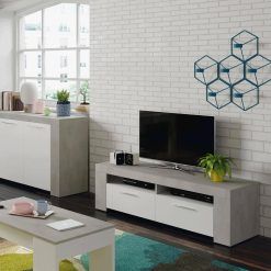 Dmora - TV stand Stamford, Living room television sideboard, TV stand with 2 doors, Low sideboard for living room, 120x42h40 cm, White and Cement