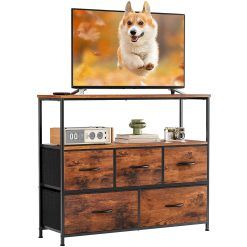 DUMOS TV Stand Dresser for Bedroom with 5 Fabric Drawer,Entertainment Center for 45 inch Television, Media Console Table with Storage, Open Shelf, Adjustable Feet, Living Room...