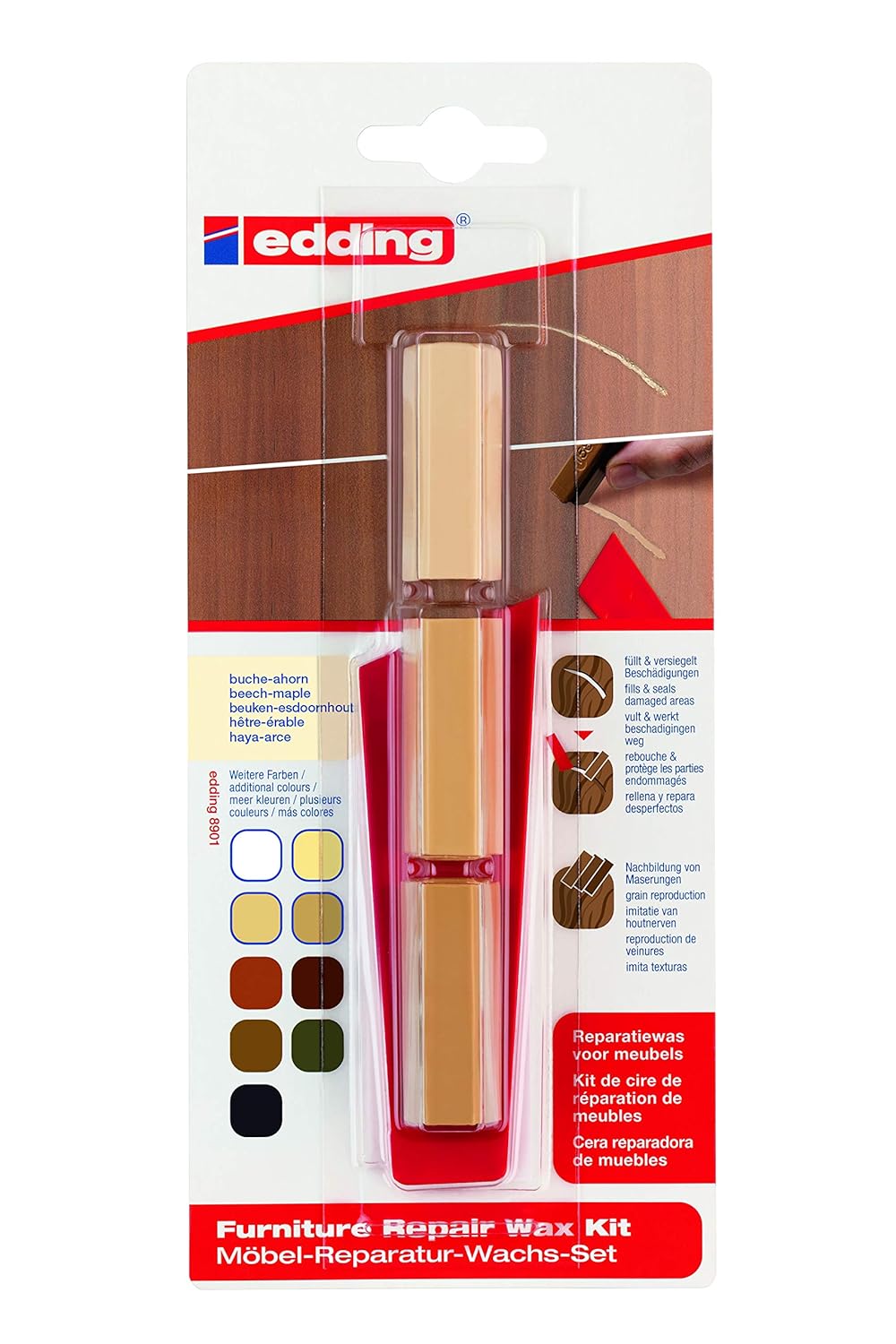 edding 8901 furniture repair wax kit - beech/maple - for filling in and repairing scratches and holes on furniture and other wood surfaces
