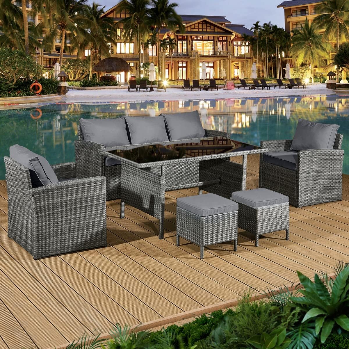 Fiji Rattan Outdoor Patio 7 Seat Lounge Dining Set in Pewter Grey