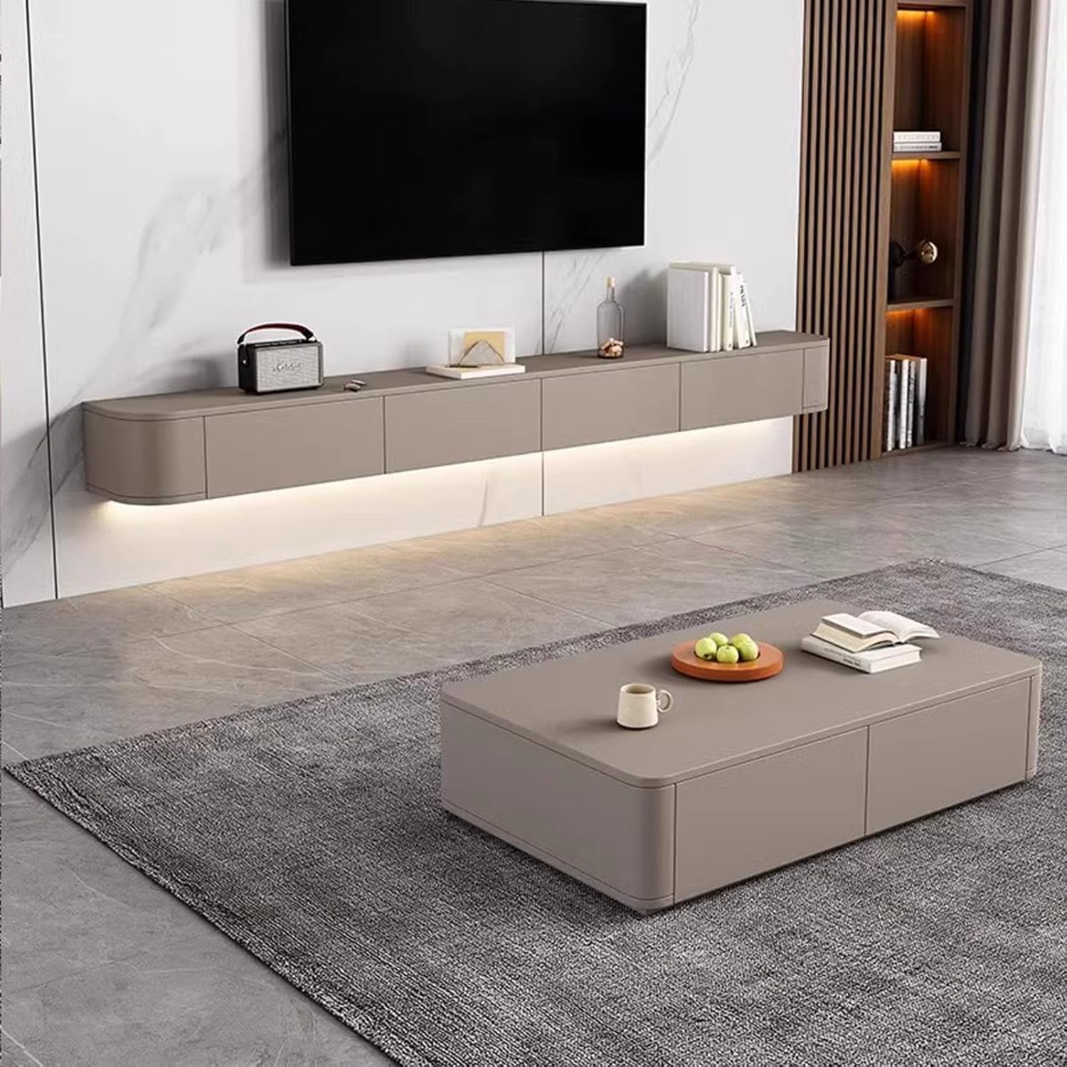 Floating Multimedia Console TV Stand Wall Mounted TV Unit with Large Storage Bench Low Cabinet with Drawers & Router Support (Kaki 280 x 20 x 24 cm)
