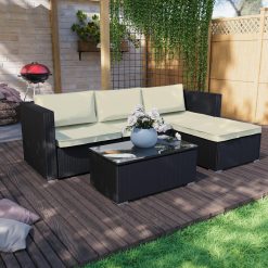 Garde Vida Hampton 4 Seater Corner Rattan Set, Outdoor Garden Furniture Weather Resistant (Black, Rattan Set)